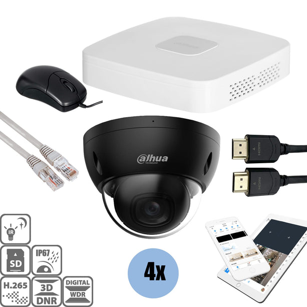 Dahua Black kit 4x Dome 8MP + Recorder & Bekabeling